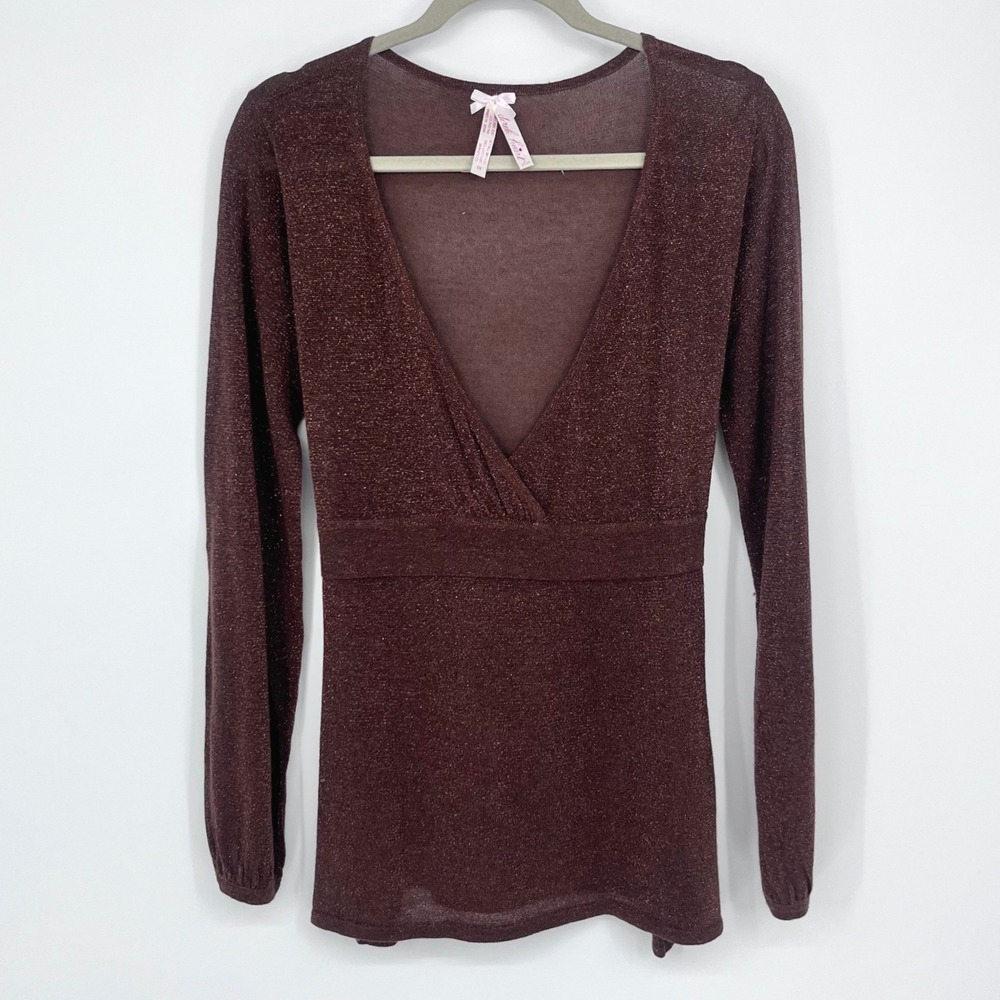 Y2K Derek Heart Plus Wrap Top Womens 1X Brown Metallic Empire Waist Bubble Slv - Picture 1 of 10